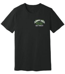 Black corner of duval & greene biker t-shirt front with sloppy joe's logo