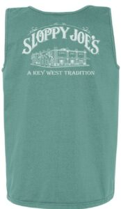 Back of green tank top with sloppy joe's bar 'a key west tradition' graphic