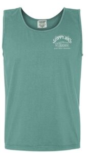 Comfort colors green tank top, front view with sloppy joe's key west logo
