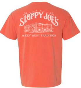 Bright salmon comfort colors men's t-shirt with sloppy joe's key west building logo back print