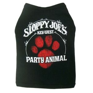 Paw print party animal doggie t-shirt in black with sloppy joe's key west red paw logo