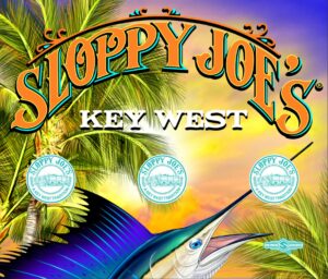 Sloppy joe’s sailfish neck gaiter design with tropical palms and key west logo, vibrant sunset colors, item 6038