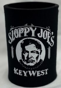 Black can koozie drink holder with sloppy joe's key west logo and bearded face