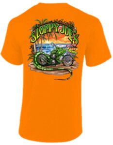 Safety orange iguana biker men's t-shirt with sloppy joe's bar key west back graphic