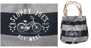 Beachcomber bag #2327 tote, heather grey/navy stripes with bicycle print and sloppy joe's key west logo
