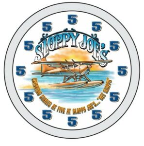 10-inch brushed metal sloppy joe's drinking starts at five souvenir clock with seaplane