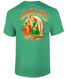 Green sloppy joe’s key west men’s tee back with sloppy ginger pin-up and copper mule mug