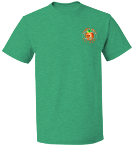 Green men's t-shirt front view with small chest logo graphic design