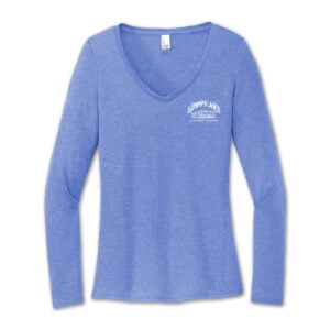 Women's heather blue v-neck long-sleeve shirt with sloppy joe's logo front view