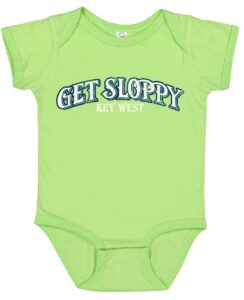 Sloppy joe's lime green infant onesie with 'get sloppy key west' print and bottom snaps