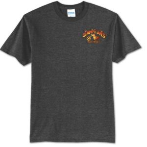 Neon nights heather gray t-shirt front, sloppy joe's key west logo