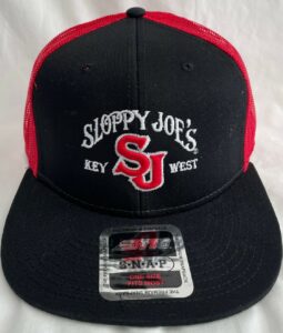 Otto black snapback mesh trucker hat with sloppy joe's key west sj logo, front view