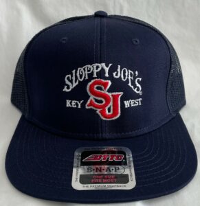 Navy otto mesh snapback hat, front view with embroidered sloppy joe's key west sj logo.