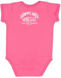 Pink infant onesie, back view with sloppy joe's bar logo, key west kids apparel