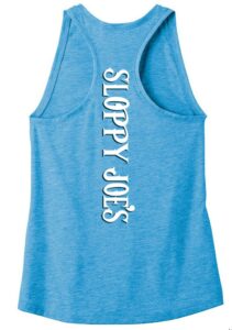 Pond blue heather racerback tank back with vertical 'sloppy joe's' print