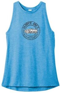 Women's pond blue heather racerback tank, front, sloppy joe's logo