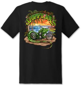 Sloppy joe's iguana biker men's t-shirt, black, large back graphic motorcycle at beach sunset