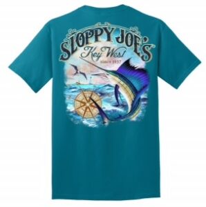 Sloppy joe's key west sailfish ocean graphic men's teal short sleeve t-shirt, back view