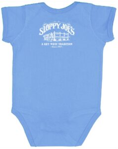 Blue infant onesie back with sloppy joe’s logo, get sloppy kids apparel