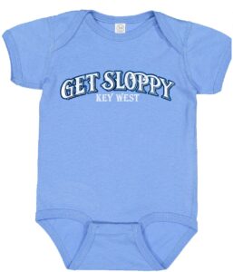 Blue infant onesie with get sloppy key west front print, sloppy joe's kids apparel with snaps