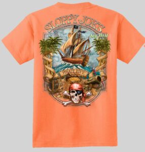 Kids sloppy joe's pirate island orange t-shirt, key west back graphic with pirate ship, skull, treasure