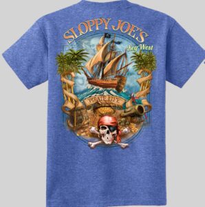 Royal blue kids sloppy joe's pirate island tee with key west pirate ship back graphic