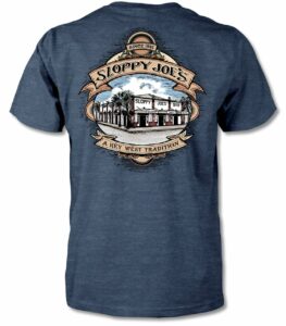 Men's heather navy t-shirt back with sloppy joe's key west wood-carved logo graphic