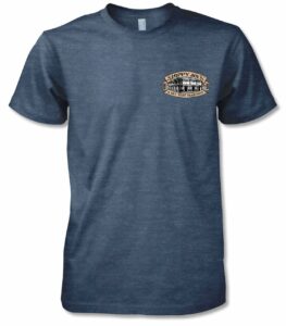 Men's heather navy t-shirt with sloppy joe's wood-carved logo, front view