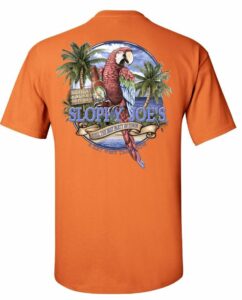 No problem vintage parrot back graphic on tangerine sloppy joe's key west men's t-shirt