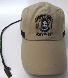 Sunblock cap long bill khaki with sloppy joe's key west logo, mesh vents, retainer cord