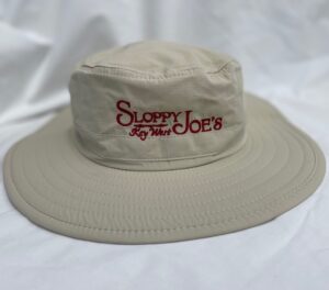 Sloppy joe's key west no fly zone sun hat in stone with wide brim and red embroidered logo, upf 30+