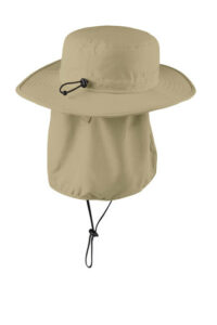 No fly zone sun hat back view, stone color, wide brim, neck flap and adjustable cords