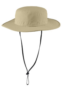 No fly zone sun hat in stone with adjustable chin cord and wide brim, upf 30+