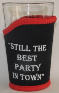 Neoprene pint glass coolie koozie, black with red trim, 16 oz sleeve