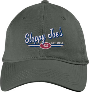 Dark grey garment washed twill hat #4293 with embroidered sloppy joe's key west logo