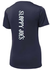 Ladies navy performance t-shirt back with vertical sloppy joe's print