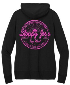 Sloppy joe's key west sun logo in pink on black hoodie back