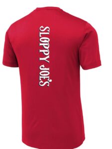 Men's red performance t-shirt, back view with vertical sloppy joe's logo