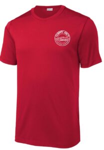 Men's red performance tee with sloppy joe's left-chest logo, front view