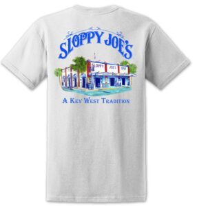 Men's white t-shirt with sloppy joe's key west watercolor building back print