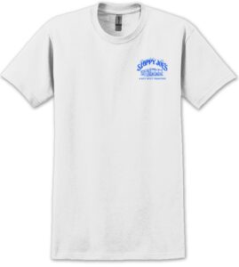 Men's tee watercolor building white shirt by sloppy joe's, small blue logo